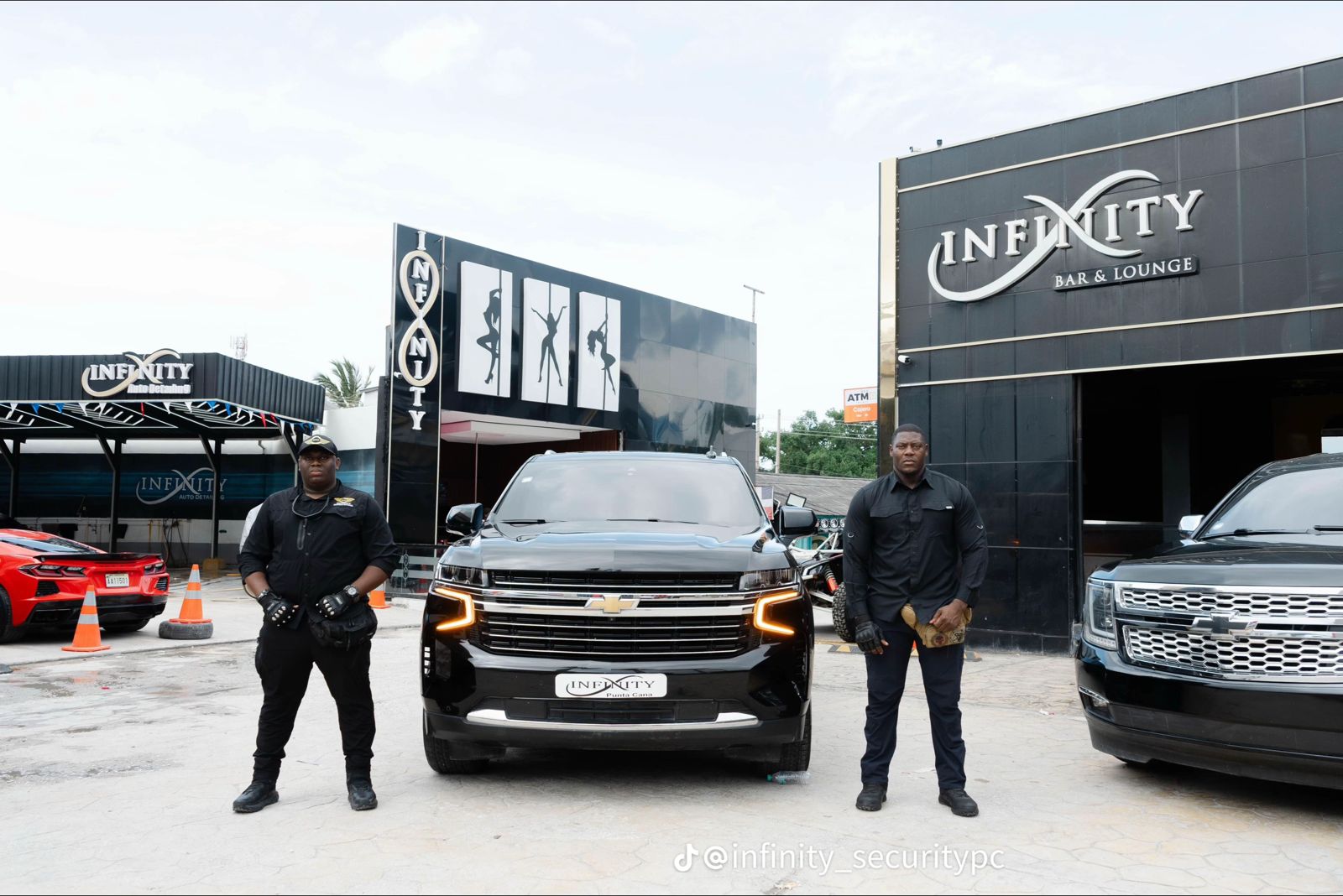 Professional security team with luxury vehicle